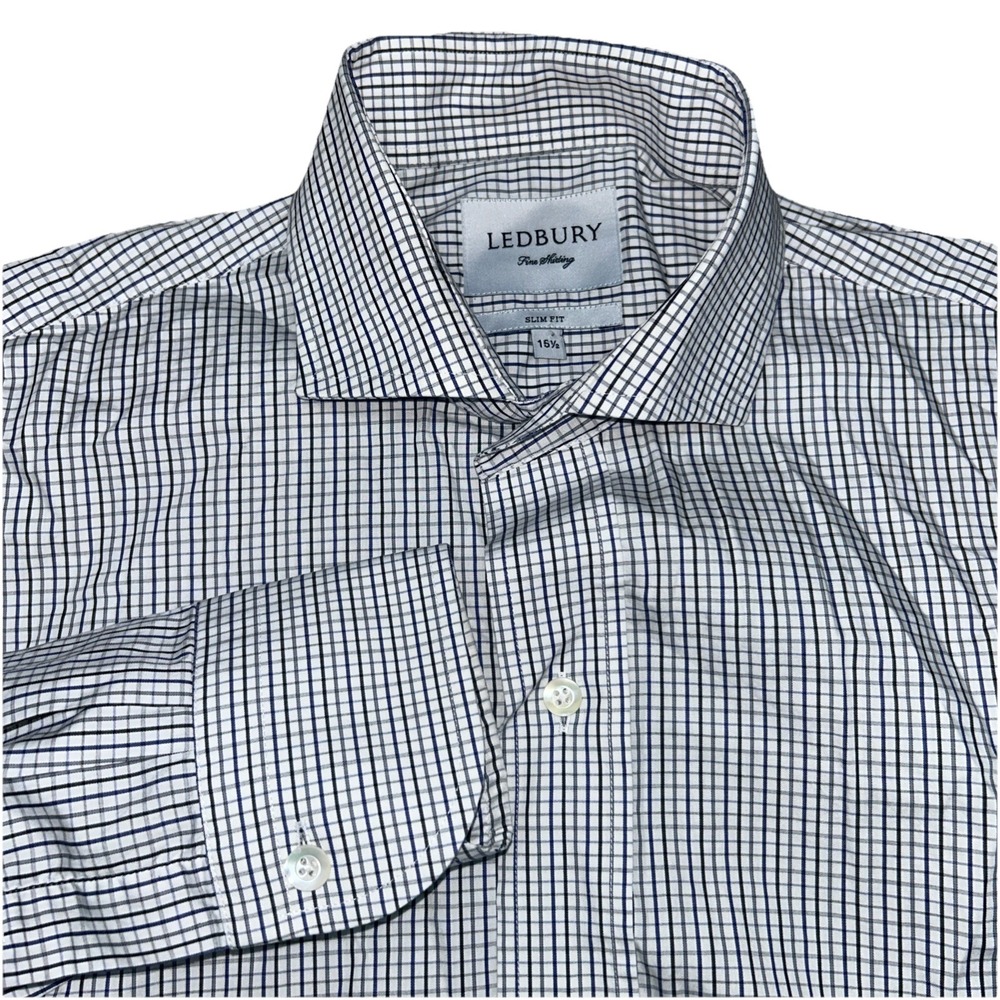 Ledbury Fine Shirting Men's Button‎ Up Size 15.5, Blue Black White Checkered